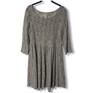Free People Taupe Floral Lace 3/4 Sleeve Babydoll Drop Waist Mini Dress Sz M